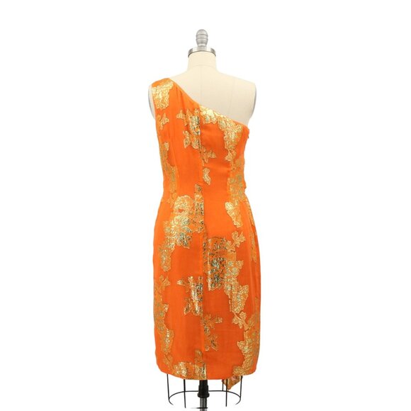 David Meister Silk Metallic Foiled Floral One Shoulder Orange Party Dress 6 - Picture 8 of 9